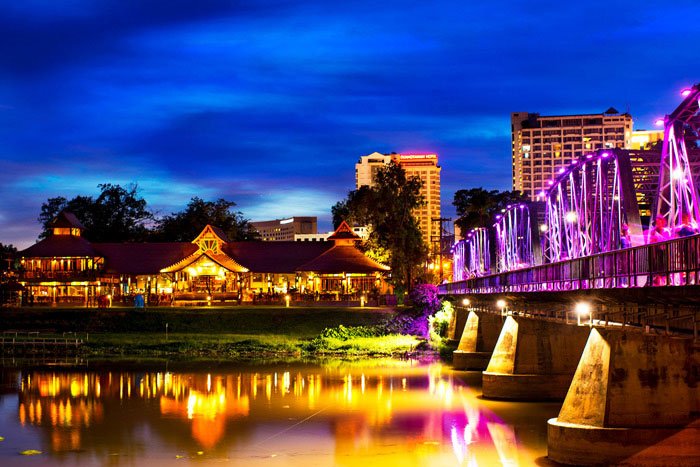 Ping River and Iron Bridge in Chiang Mai at night