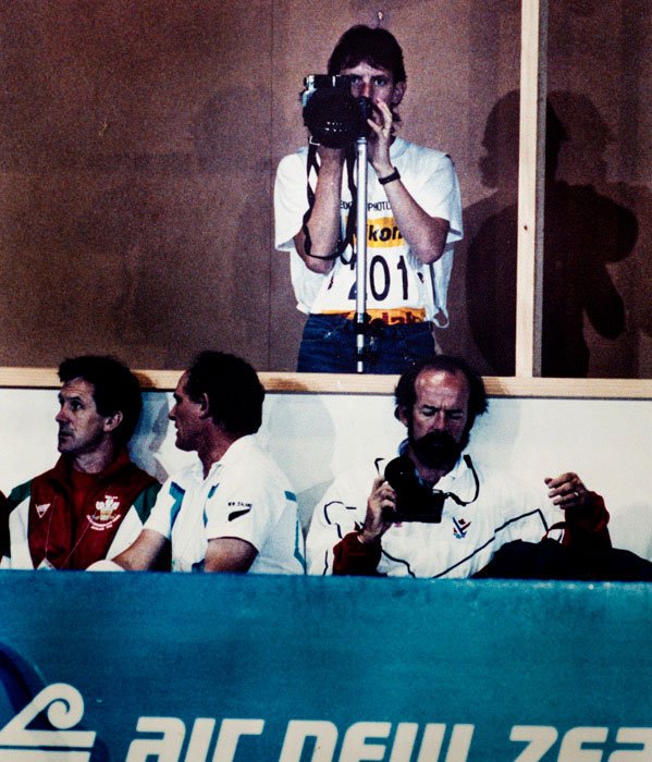 Photographer Kevin Landwer-Johan Working at the Commonwealth Games 1990. Photographer mentoring